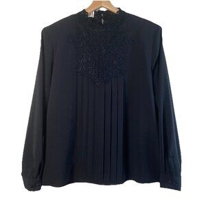Vtg Worthington Black Victorian Lace Pleated Blouse Top 12 Goth Dark Academia